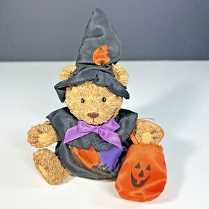 Halloween Teddy Bear Figurine In Trick Or Treat Costume Witch Hat ~ 6" Tall